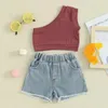 Set di abbigliamento pantaloncini da ragazza per bambini set di canotte a una spalla a coste a costine a colori a colori solidi con pantaloni corti jeans 2 pezzi estate