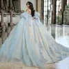 Puffhylsor quinceanera klänningar 3d blommor applikation pärlor kristall vestido de 15 anos bollklänning paljett söt 16 prom klänning