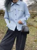 ミヤケプリーツデニムプリントプリントシャツ長袖女性カーディガンシングル胸肉カジュアルジャケットポケットコートトップ240408