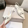 24 Spring Perfect End Solid Color Pointed Shallow Mouth Genuine Leather Flower Sandals Back Air High Heels Women's Single Shoes
