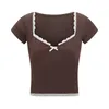 Women's T Shirts Y2k Lace Trim Crop Top Women Summer Square Collar Short Sleeve Tees Coquette Aesthetic Sweet Slim Tops Clothes