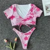 Kvinnors badkläder tie färgämne tryck bikini topp dragkammare baddräkt tankini veckade badväder kvinnor stranddräkt trend bikinis set baddräkt