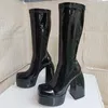 2024 Lady mouton en cuir carré 14cm chunky talons hauts knight bottes femme half cotisés orteils carrés plate-forme courte chaussures de mariage en peluche zipper taille 35-43