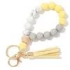 2024 New food grade silicone bead bracelet Wooden bead bracelet key chain PU fringe anti-loss key ring bracelet