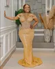 2024 ASO EBI Gold Mermaid Prom Dress Crystals Off Spalla Scera Formale Partito Secondo Accoglienza per 50 Birthday Gowns Dresses Abite Robe De Soiree ZJ343