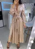 Casual Dresses Geometry Polkadot Print V Neck Wrap Long Dress 2024 Elegant Women Plunge Party Maxi Vestidos