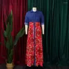 カジュアルドレス秋冬女性のためのアフリカ長袖印刷ポリエステル赤青のドレスマキシ服