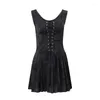 Casual Dresses Retro Sexy Jacquard Lace-up Waist-Controlled Slim Looking Sling Dress Women's Autumn Square Collar Low-Cut Pleated Skirt