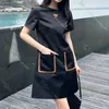 Trendy Summer Designer Dress Round Neck Dresses Double Pocket Contrasting Leather Triangular Decoration Women's Clothing
