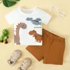 03 Years Infant Baby Boy 2PCS Set Cartoon Dinosaur White Short Sleeve TopBrown Shorts Cute Sport Style Handsome Fashion Outfit 240410