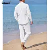 Tracksuits voor heren Ladiguard Plus size heren Casual linnen twee delige sets 2024 Europe Style Basic Tops en witte broekpak Male strandset