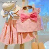 Clothing Sets Humor Bear Girls' Summer Korean Checker Bow Fashion Network Red Trend Two Piece Set Vestidos Casual Outfit 2-6Y