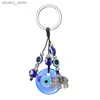 Keychains Lanyards Round Blue Evil Ende Eye Elephant Keychain Keyring For Men Women Trendy Vintage Glass Turkish Lucky Eye Tassel Bag Car Key smycken Y240417