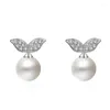 Stud Earrings Trendy Style Plant Leaf Zircon Silver Plated Simple Fishtail Pearl Fashion Female Jewelry