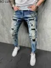 0U0N män jeans blå mager för män målade stretch smala fit rippade nödställda veckade knä lapp denim byxor varumärke casual byxa man d240417