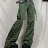 Damesjeansbroeken Gothic Punk Baggy Vintage Kawaii broek Kandage Lage taille vracht Grunge Grunge Green Zipper Korea Zweetbroeken