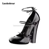 Dress Shoes Gray Patent Leather Thick Heels Bow Round Toe Strap White High Women's Black Single Shoe Big Size 34-45
