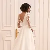 Morden Satin A Line Wedding Dress V Neck Full Sleeve Silt Bridal Bride Gowns Lace Appliciques Plest Vestido de Novia Sweep Train 2024