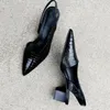 النساء المدببة أصابع القدم مضخات منتصف الكعب مكتنزة Slingback Sandals أحذية الصيف خمر امرأة سيدة أنثى الصندل أحذية 240402