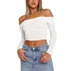 Damen T-Shirts Off-Shoulder Cropped Tops Feste Farbe Langarm Ruched Show Navel T-Shirts