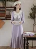 Casual Dresses Winter Fall Elegant Woman Sticked Dress Vintage Bow Turmpet Merraid Romantic Lady Lavender Formal Vestido Festa