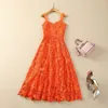 Spring Orange Floral Lace Dress Spaghetti Strap Square Neck Panelled Midi Casual Dresses S4J160110 Plus Size XXL