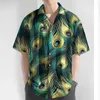 メンズカジュアルシャツ2024サマーシャツ3Dピーコックフェザープリントハワイアンのための毎日の男服ゆるい特大のラペル