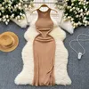 Casual Dresses Chic Halter Off Shoulder Knit Elastic BodyCon Split Dress Sexig mode Kvinnor Slim Pencil Vestidos