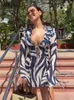 Casual Dresses Sampic 2024 Print Long Sleeve Mini Summer Beach Dress Ruffles Mesh Sexy Party Bodycon Bandage See Through 90s Club