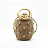 Totes Handmade Rhinestone Straw Basket Bag 2024 Small Crystal Embellished Rattan Bucket Top-handle Bags Beach Purses And Handbags