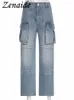 Frauen Jeans Zenaide Vintage Straight Cargo Hosen Frau Grunge Low Taille große Taschen Casual Stitch Jeanshose Mode Retro Streetwear