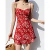 Casual Dresses Girl's Red Bottom Slim Looking Ruffled Spaghetti Straps Floral kjol