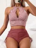 Women's Swimwear Striped High Waist Bikinis Women 2024 Cut Out Neck Two Pieces Swimsuit With Shorts Separate Bikini Set Swim Bathing Suits