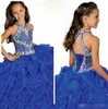 Vestidos de concurso de meninas glamourosas Halter decote alto tiras de miçangas de miçanga de miçanga de orgânia azul planta machadinha vestido 9406755