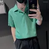 Herrpolos korea stil is siden polo skjorta herrar lös fast färg kort ärm lapel v-hals snabb torr tee topp sommar casual tshirts för män