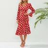 Casual jurken vrouwen met lange mouwen polka stip ruches feestjurk elegant v nek slank fit midden lengte visstaart rokken geplooide zeemeermin