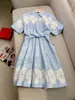 Spring Summer Blue Striped Print Panelled Lace Cotton Dress Short Sleeve Lapel Neck Midi Casual Dresses W4A164283