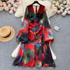 Casual jurken Elegant zomervakantie strand lange jurk boho vrouwen sexy v nek stropdas kleurstof bloem print chiffon lantaarh mouw split maxi gewaad