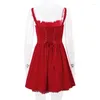 Casual Dresses Womens Lace Trim Sleeveless Square Neck A Line Corsets Dress Vintage Tie Up Pleated Ruffle Party Short Camisole