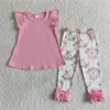 의류 세트 RTS 봄 어린이 소녀 부활절웨어 복장 크로스 프린트 셔츠 반 소매 보우 플레어 아이의 옷 레오파드 벨 바닥