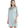 Women's Sleepwear High Quality Real Silk Shirt Dress Casual Home Wear Loose Sexy Nightdress Solid Color Half Sleeve Lace