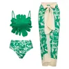 Kvinnors badkläder Green Flower Bikini Kvinnor 2024 Baddräkt med Cover Upprint Set Push Up Cute Biquini Beach Wear Swim