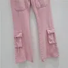 Jeans féminins Pink Flare 2024 printemps automne travail poche haute taille pantalon streetwear girls lâches denim