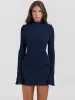 Основные повседневные платья Mozision Темно -синее два карманного мини -платье для женщин 2023 Осеннее зимнее с длинным рукавом Bodycon Club Party Элегантный доктор DHPXW