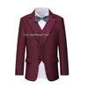 Children Burgundy Formal Suit Set Boys Wedding Birthday Party Pography Costume Kids Blazer Vest Pants Bowtie Outfit 240401