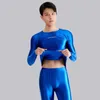 Men's Swimwear Sexy Men Glossy Round Neck Long Sleeve Satin Oil T-Shirt Spandex Compression Surfing Sports Fitness Running Smooth Top Tights