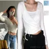 Kvinnors T-skjortor franska sexiga hemlagade spetskant Deep V Neck Feminin crossover Up Tread Stretch Long Sleeve Cardigan T-shirt