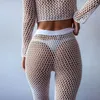 Pantalon de deux pièces pour femmes Summer Bikini Suncreen Fishnet Two-Piece Set Femmes Sexy Hollow Out See-Through Crop Top Top Tant Pantor Ties