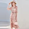 Casual Dresses V Neck Pink Chiffon Silk Floral Maxi Dress Women 2024 Summer Long Work Boho Beach Office Sexy Party Luxury Plus Size