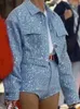 Niebieska jeansowa cekinowa kurtka krótka powłoka Kobiety Zestawy Kobiety z długim rękawem płaszcze lapowe Slim Spodnie 2 -częściowy zestaw sprężyny 240408